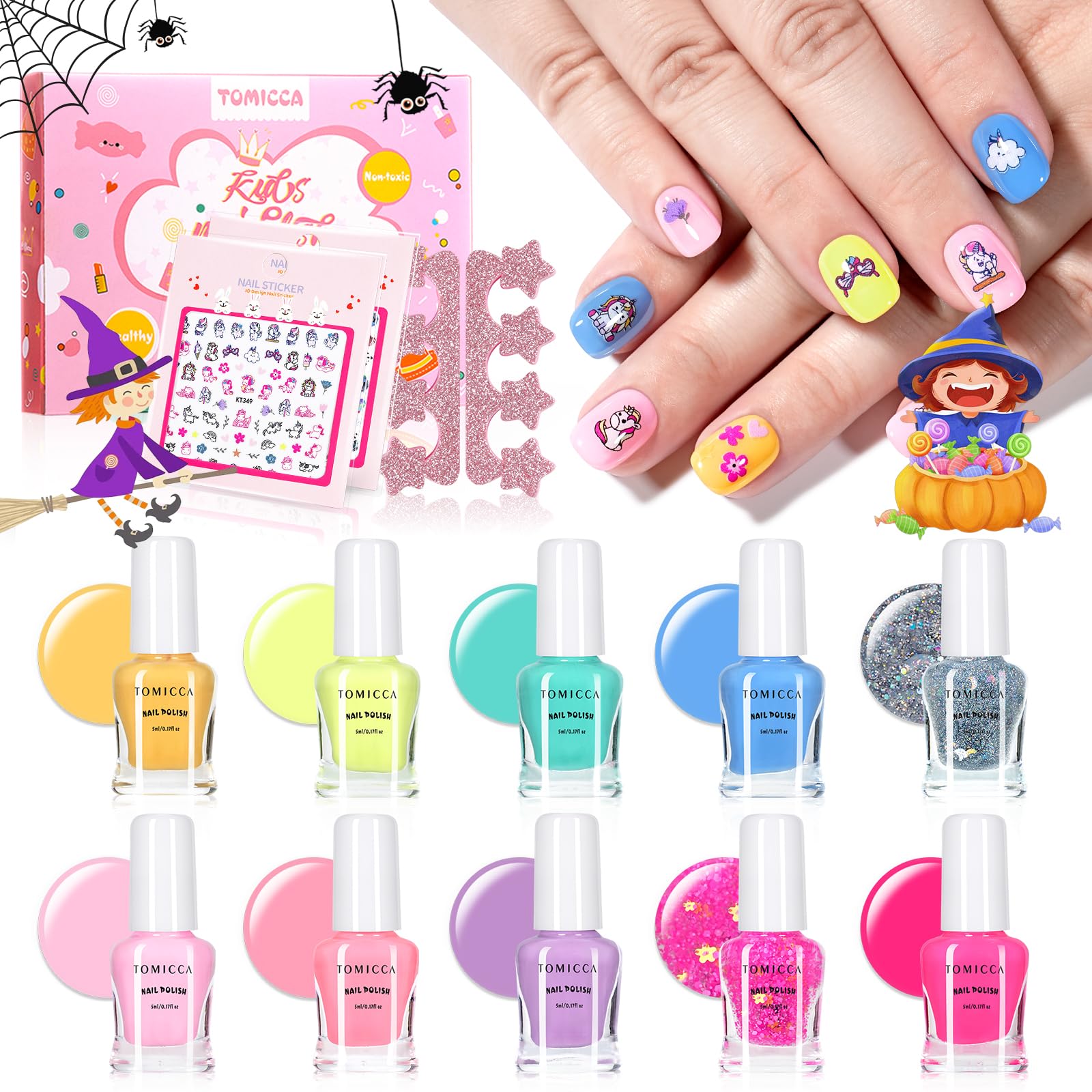 TOMICCA Kids Nail Polish Set, Non Toxic Quick Dry Water-Based Peel-Off 10 Colors Toddler Nail Polish Kit Natural Safe Quick Diy Nail Polish Gifts Kit for Girls Ages 5+