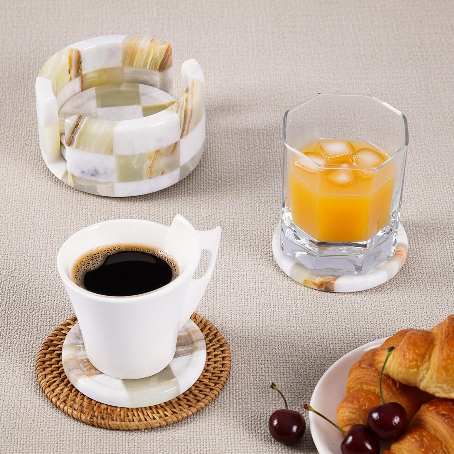 Marble Coasters Set of 4 with Holder, 4" Round Checker Design White and Green Handmade Stone Drink Coasters, Elegant Marble Décor for Table, Durable Kitchen & Home Accessories thumbnail