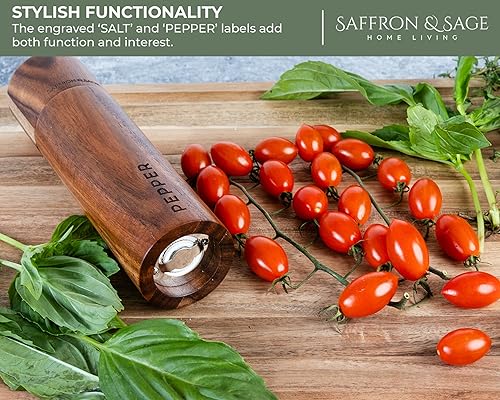 Miniatura 9 de Saffron & Sage Premium - Molinillo de sal y pimienta de madera de acacia de 2 a 8 pulgadas de alto con ajustes gruesos ajustables, resistente a la