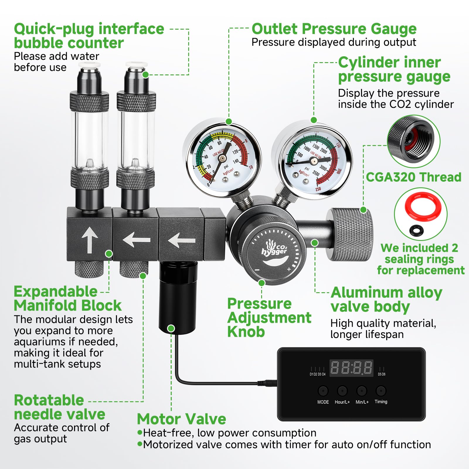 Regulador de CO2 mejorado para acuario con válvula motorizada, presión ajustable de doble etapa, expandible para dos tanques, incluye temporizador y contadores de burbujas para sistema de