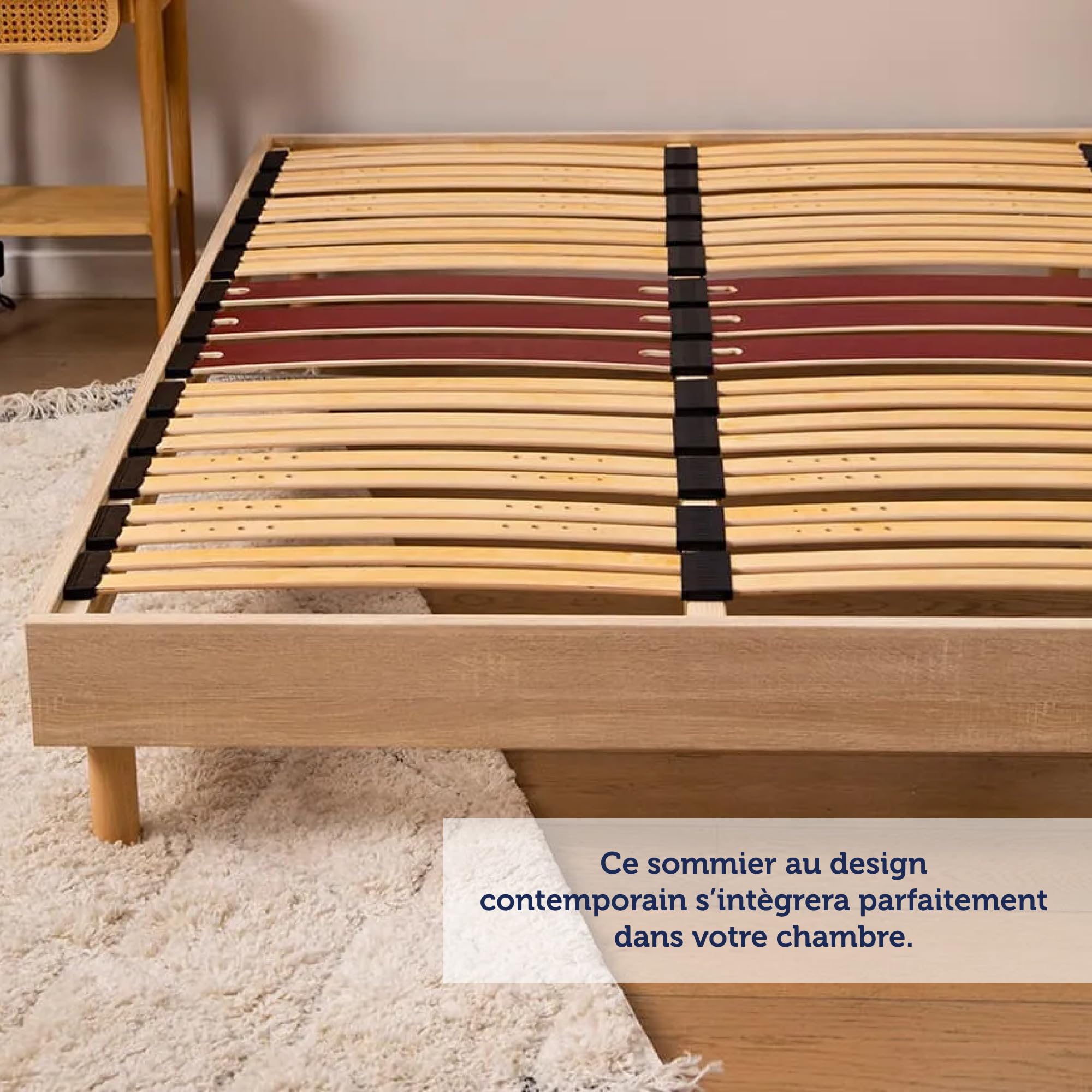 PERCKO, Sommier zoné - Original 140 x 190 cm, Zonage Ergonomique pour Votre Dos, Finition mélaminée chêne Blanchi. Pieds 100% Bois Massif, Piédestal