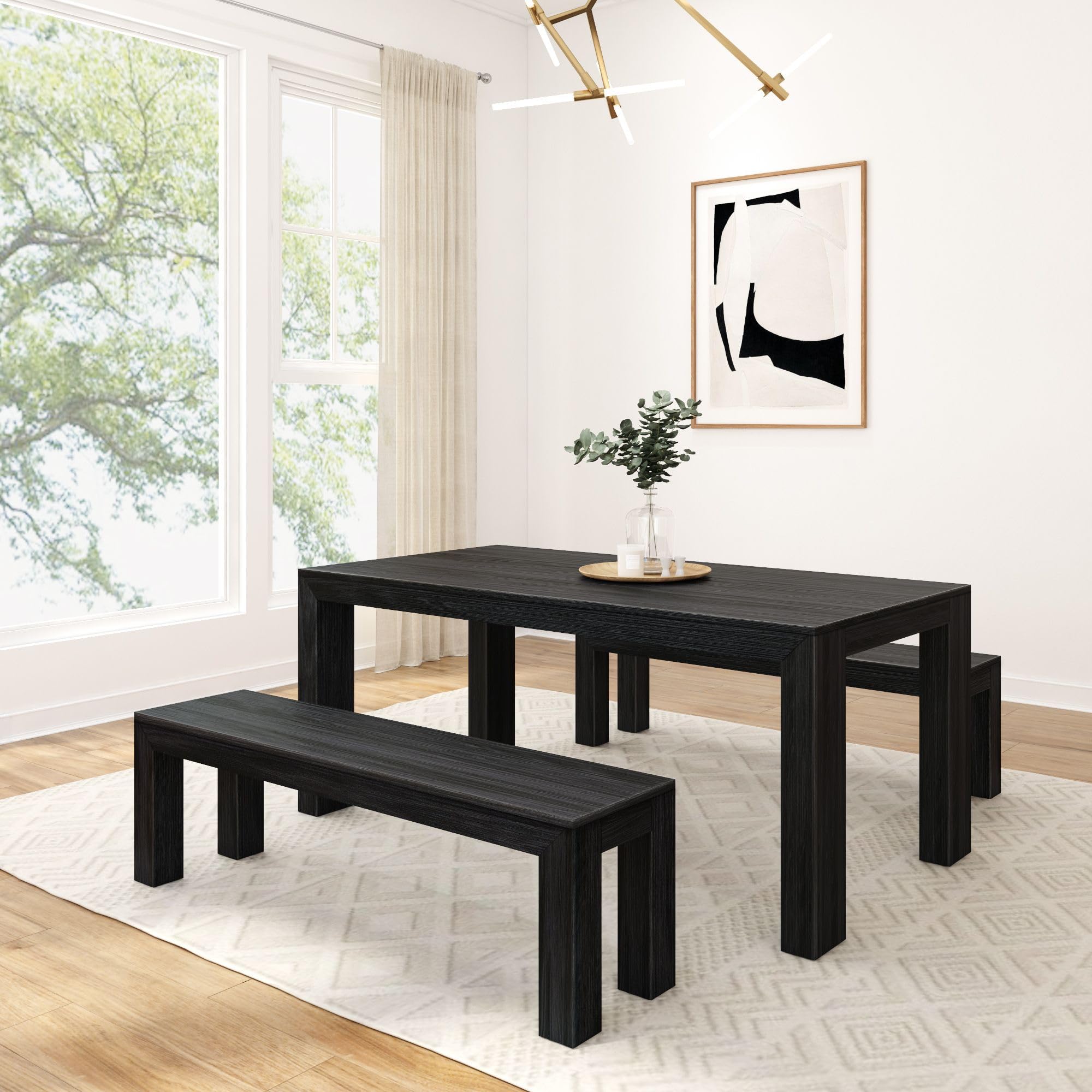 Plank+Beam Modern Dining Table Set with 2 Benches, Black Wirebrush