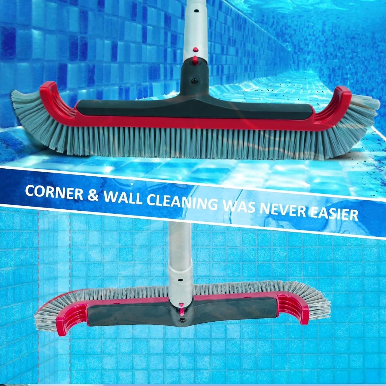 Spazzola per piscina con asta, spazzola da parete per piscina da 44,5 cm con asta regolabile in alluminio da 3 m, setole in nylon, estremità curve, manico con clip EZ, spazzole per la pulizia di