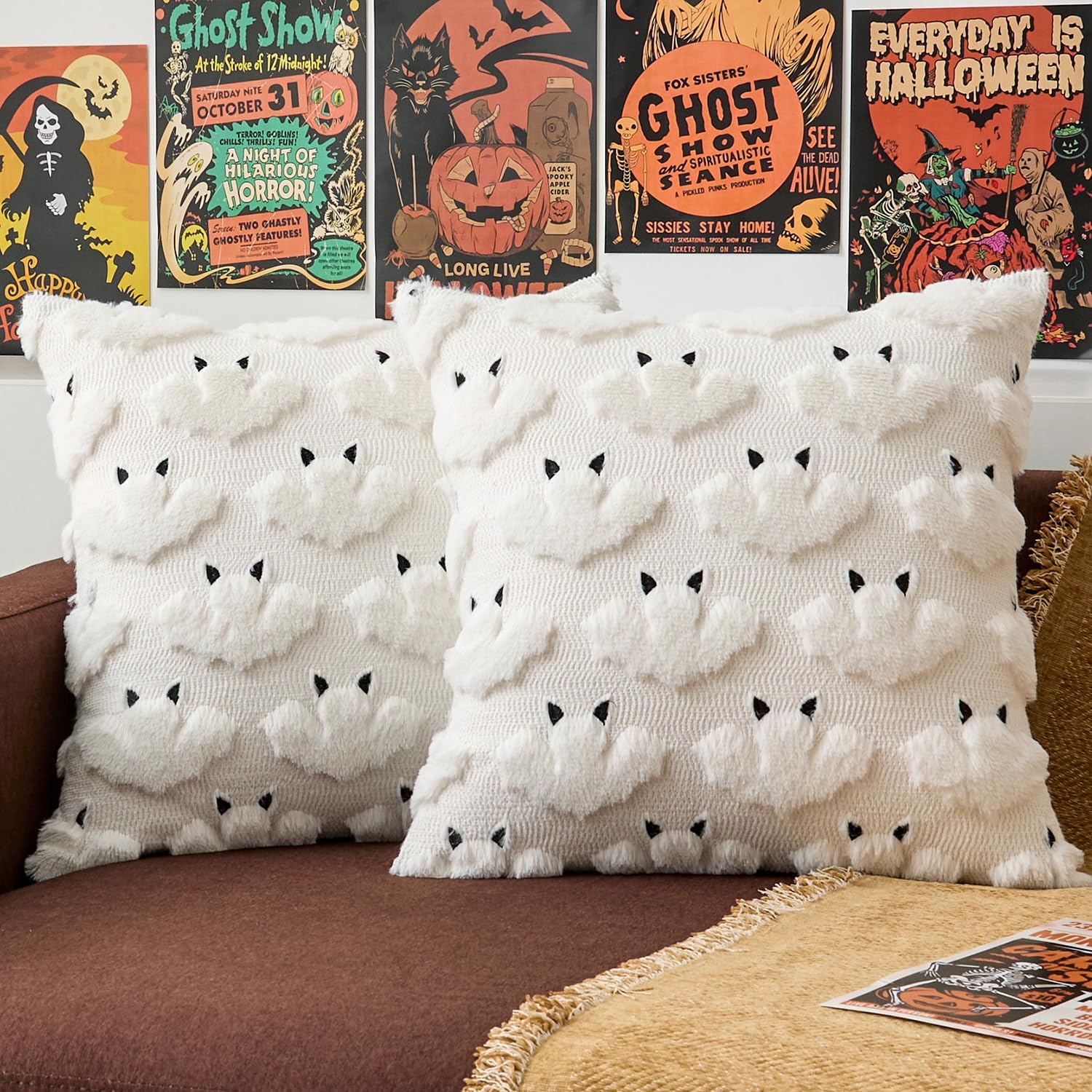 Kevin Textile Happy Halloween Pillow Covers 16x16 Inch Set of 2 3D Bats with Ears Embroidery Decor Soft Plush Faux Fur Throw Pillows Pillowcases for Holiday Decor Sofa Couch Bedroom, Cream White