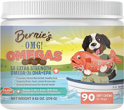 Bernie's OMG! Omegas masticables para perros 5 veces más fuerte DHA+EPA, aceite de pescado, piel y pelaje saludables, alivio de alergias,