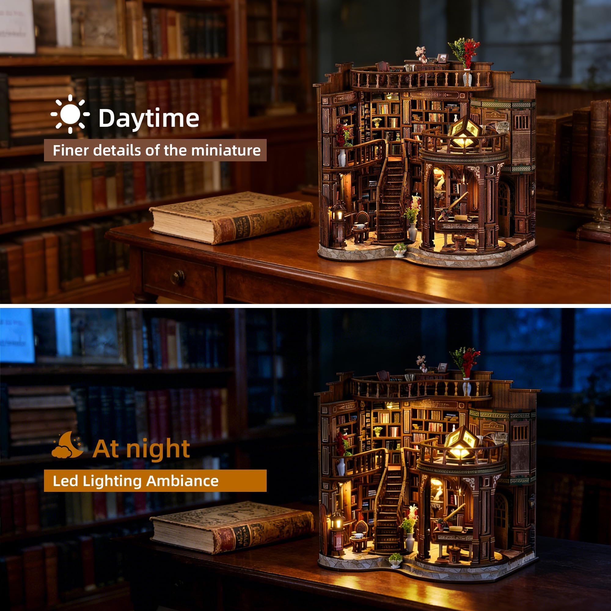 Book Nook Kit für Erwachsene - CRIOLPO DIY Miniatur Haus Holzpuzzle 3D Puppenhaus - Buchstütze für Bücherregal Deko mit Led Licht Kreatives Geschenk für Leser