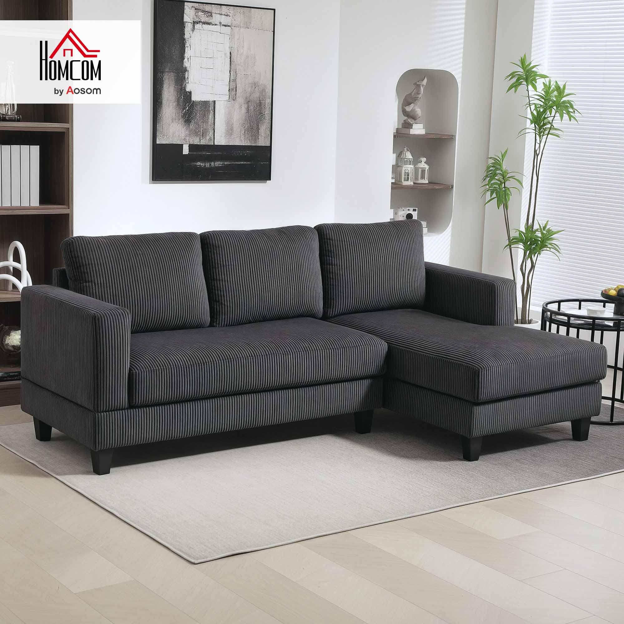 HOMCOM Ecksofa Couch mit Chaiselongue L Form 214 x 134 x 87 cm Dunkelgrau | 3 Sitzer Sofa, Gepolsterte Eckcouch mit Cord-Optik, Hochdichtem Schaumstoff, bis 400 kg, für Wohnzimmer, Schlafzimmer