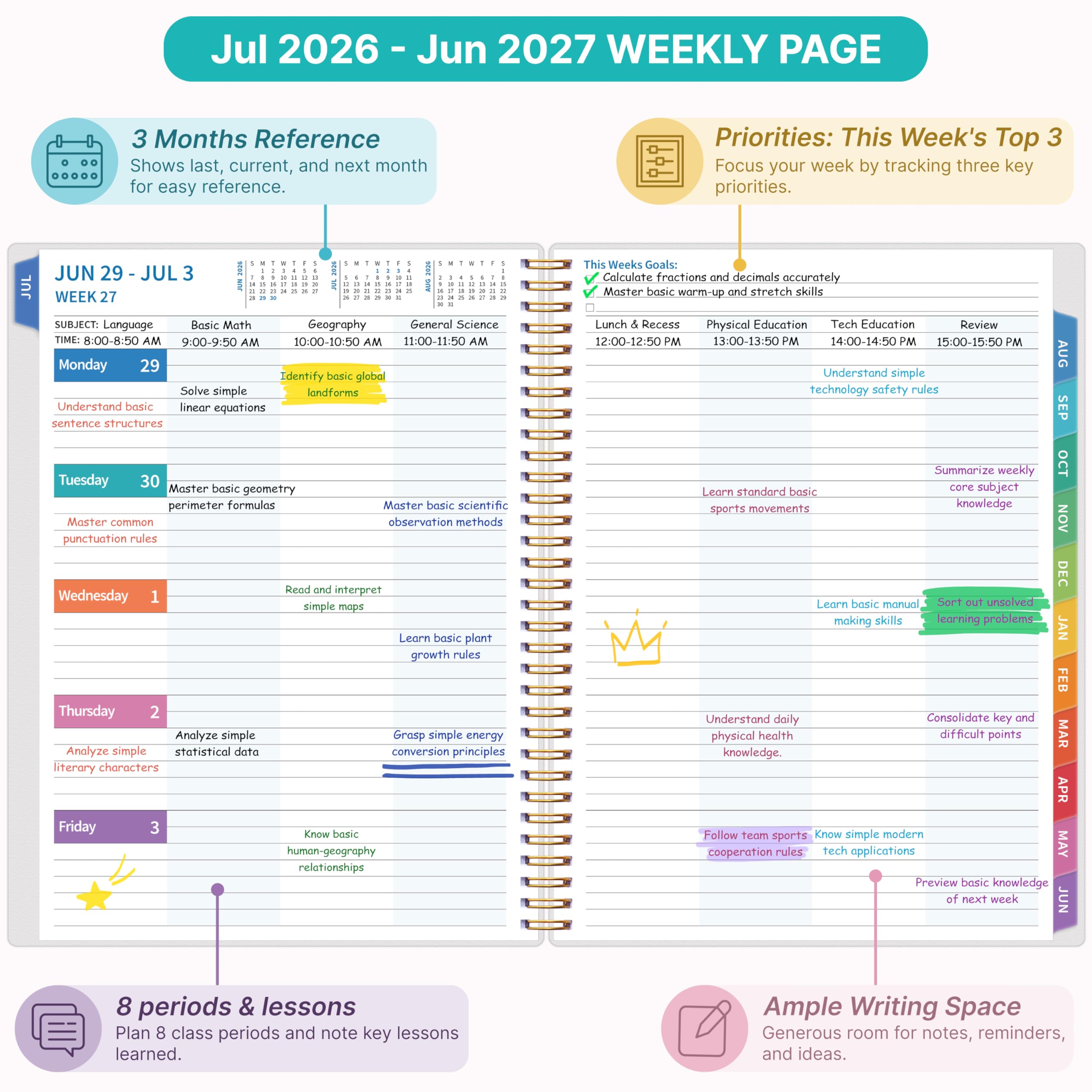 Lehrerplaner 2026–2027, Lehrerplaner für das akademische Jahr, Juli 2026–Juni 2027, Unterrichtsplaner 2026–2027, Homeschool Planbuch, 21,6 x 27,9 cm mit Registerkarten & Tasche, flexibler Einband