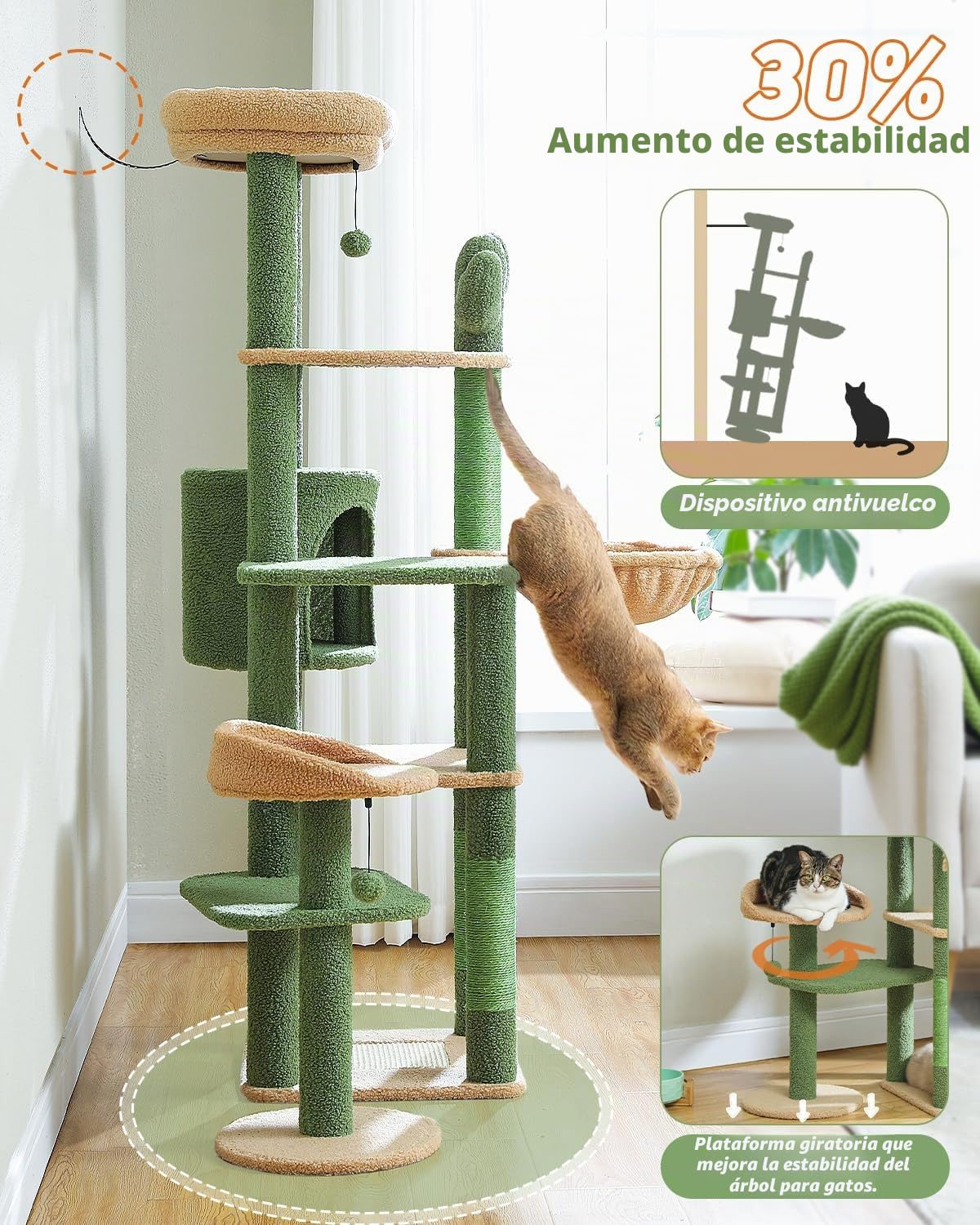 PETEPELA Árbol de Cactus para Gatos de 150 cm, Torre de Varios Niveles para Gatos Grandes, Condominio de Interior Con Hamaca Grande y Poste Rascador