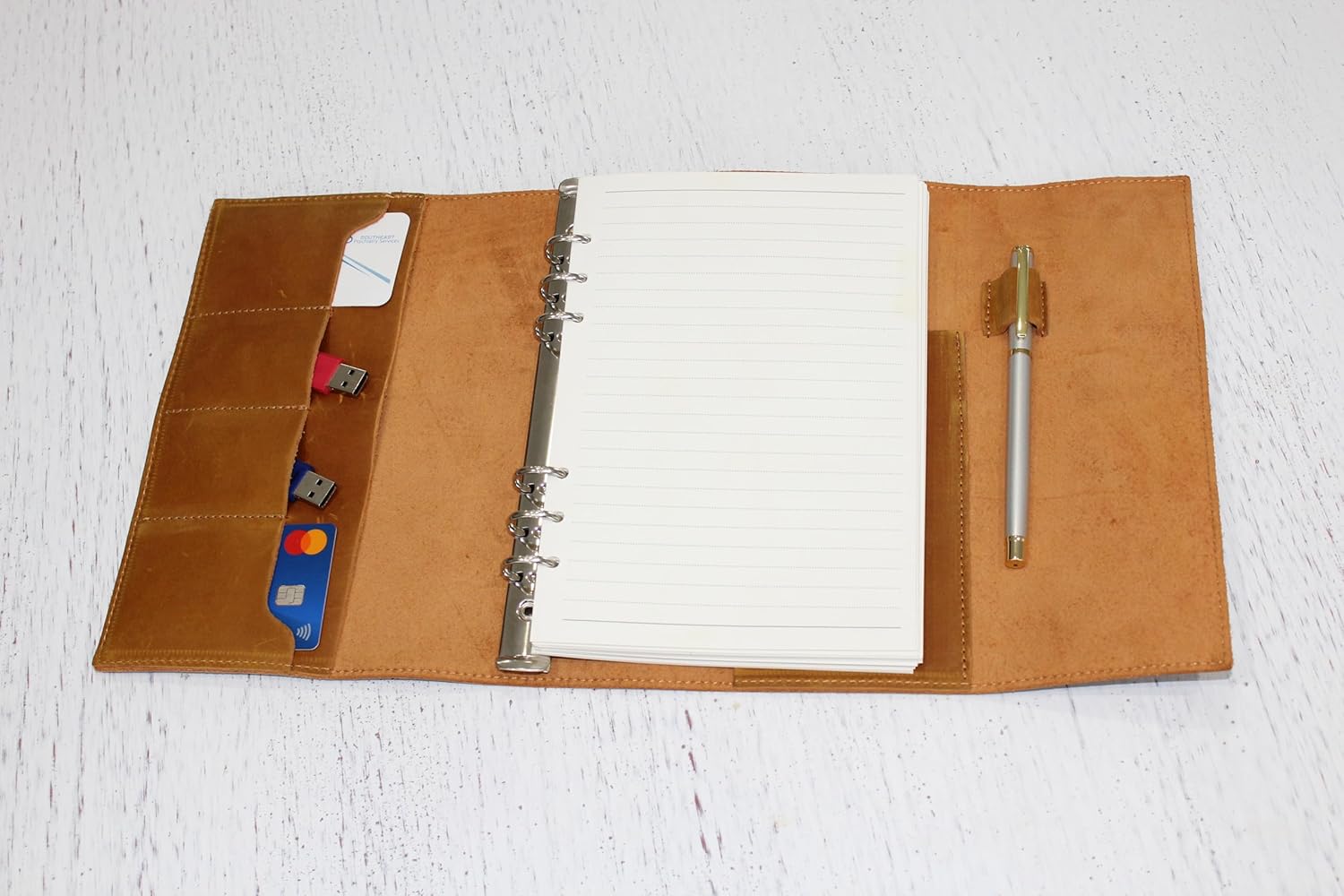 Red Team Sauce Rustic A5 Leather Binder Journal – 9x6.5" Refillable 6-Ring Organizer with Pockets & USB Holders – Handmade Genuine Leather Notebook – Compatible with Wanderings & Other A5 Inserts – Includes Free Ballpoint Pen & 100 Pages