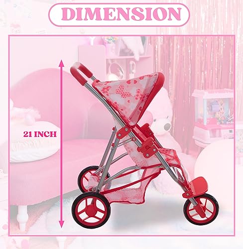 Miniatura 5 de Dolls To Play Cochecito de muñeca de bebé, estilo jogger con 3 ruedas, juguete para niñas con toldo y cesta para niños, mi primer cochecito de