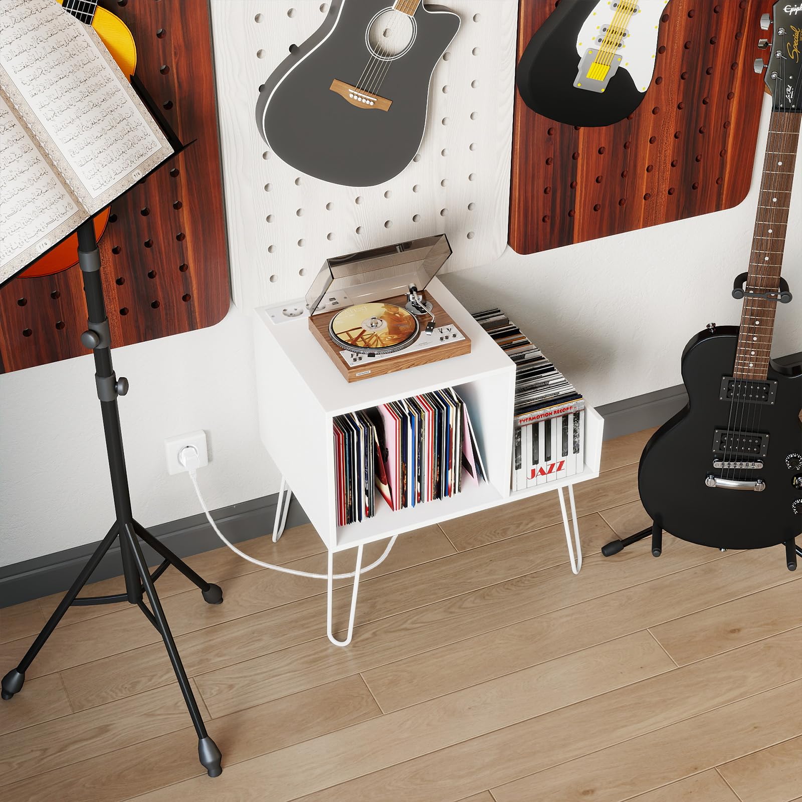 COSTWAY Support Tourne-disque avec Prise, Meuble Tourne-Disque Vinyle pour 145 Albums, Station de Charge, 2 Ports USB, 4 Pieds Amovibles, 3 Séparateurs, Étagère sur Table(Blanc)