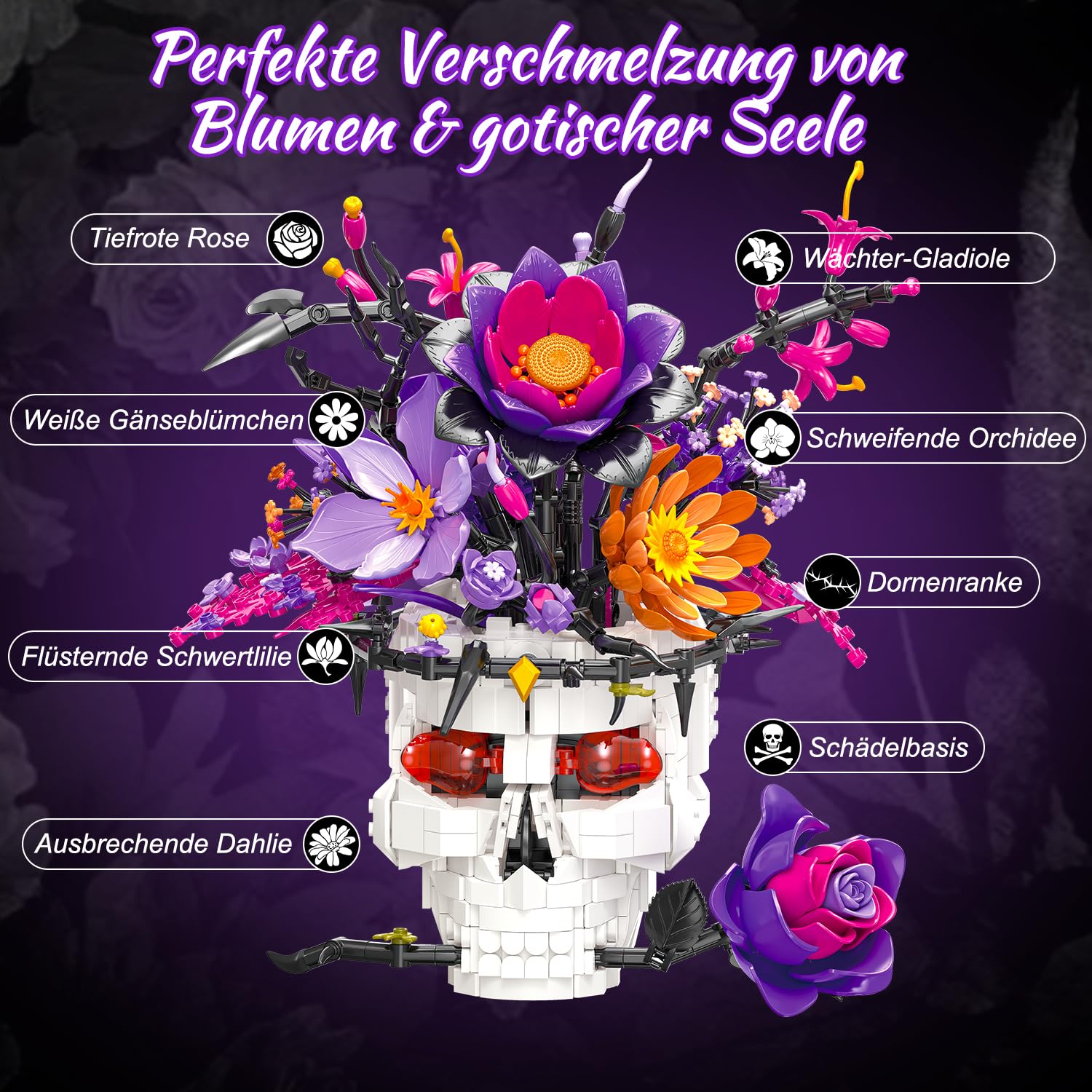 Bukiety fioletowych róż z wazonkiem w kształcie czaszki, 1543 klocki budowlane, dekoracja gotycka, sztuczne kwiaty dla dorosłych, prezent dla niej i niego na urodziny, dekoracja