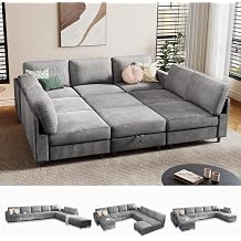 KKL Modular Sectional Sofa Bed - Sofabed with Storage Ottoman, Convertible L/U-Shaped Sleeper Couch for Living Room, Modern Reversible Design, Grey