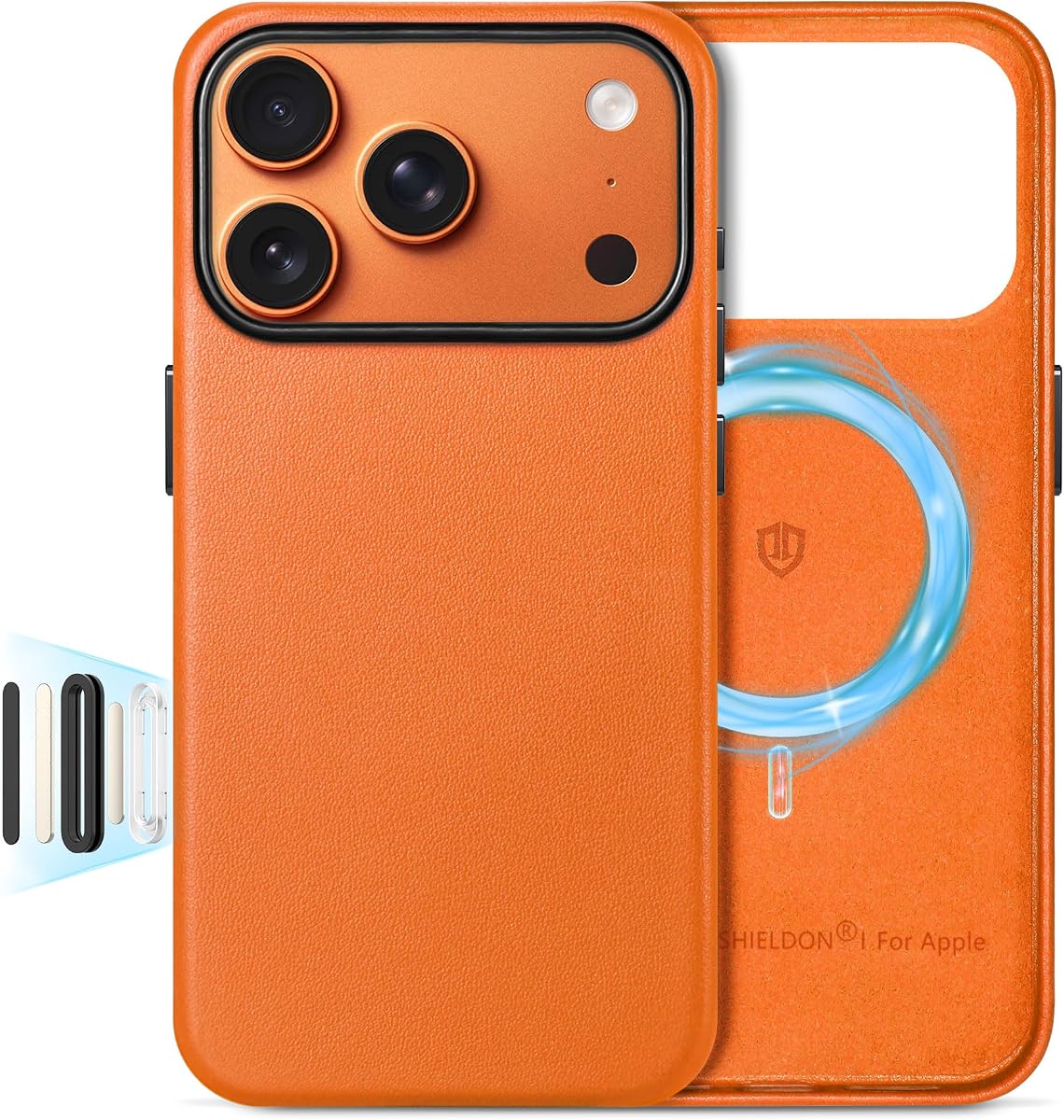 SHIELDON Genuine Leather Case for iPhone 17 Pro 6.3" 2025, Orange | for MagSafe, Magnetic Wireless Charging, Camera Button, Metal Buttons, Camera Bezel, Non-Slip, Shockproof, Anti-Scratch, Slim