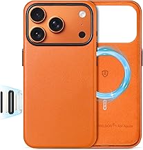 SHIELDON Genuine Leather Case for iPhone 17 Pro 6.3-inch 5G 2025, Compatible with MagSafe, Magnetic Wireless Charging, Slim Fit, Metal Buttons, Non-Slip, Anti-Scratch, Shockproof Phone Cover - Orange