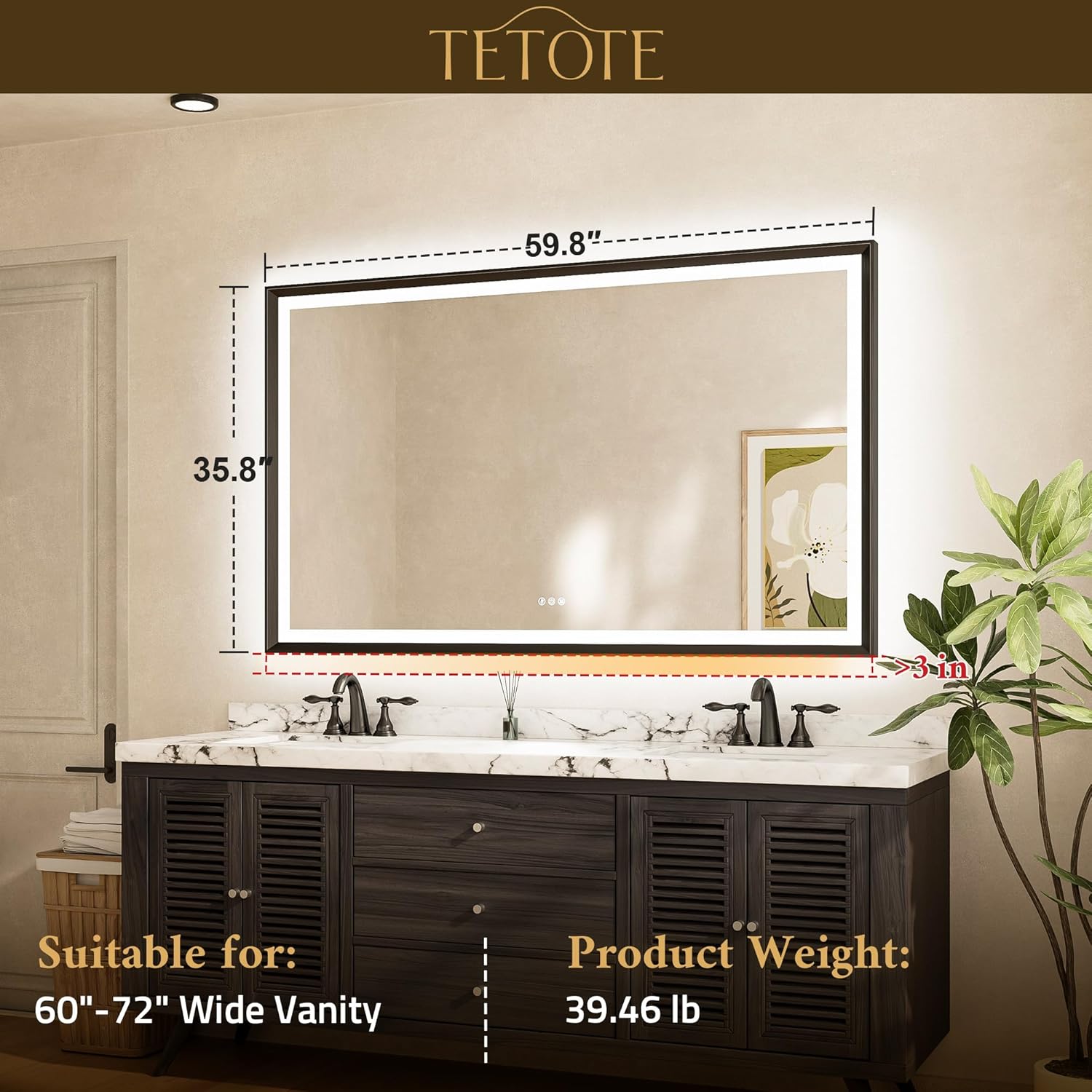 TETOTE 60x36 LED Bathroom Mirror with Lights Gold Frame Frontlit & Backlit Lighted Vanity Mirror Baroque Anti Fog Dimmable White/Warm/Natural,CRI90+,Waterproof,Wall Mounted(Horizontal/Vertical)
