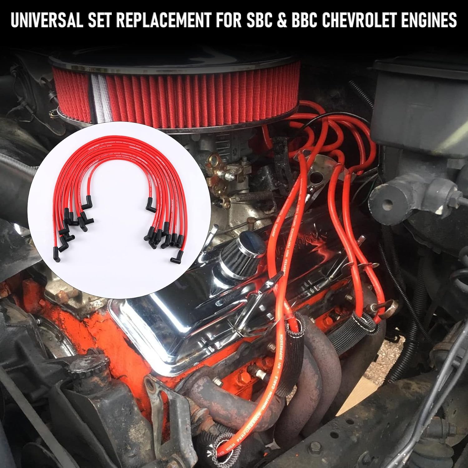 10.5mm Spark Plug Wire Set with Engine Spark Plug Wire Separator Divider 8mm 9mm 10mm Red 12pcs Replacement for 8 Cylinder Vehicles Racing Car