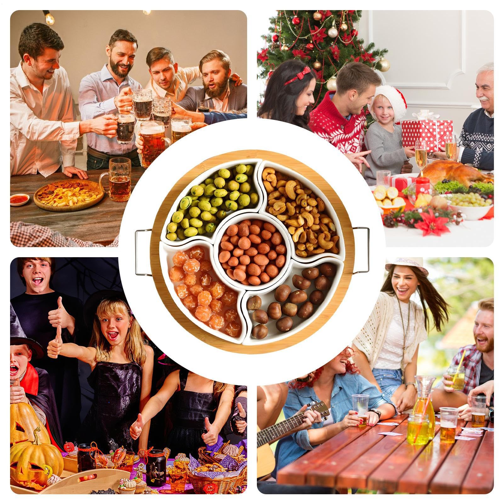 Giratorio De Snacks Fuente de frutas con dispensador extraíble de 5 | Bandeja de servir giratoria dividida con asa Frutas, chips y dip para , picnics, camping y Navidad