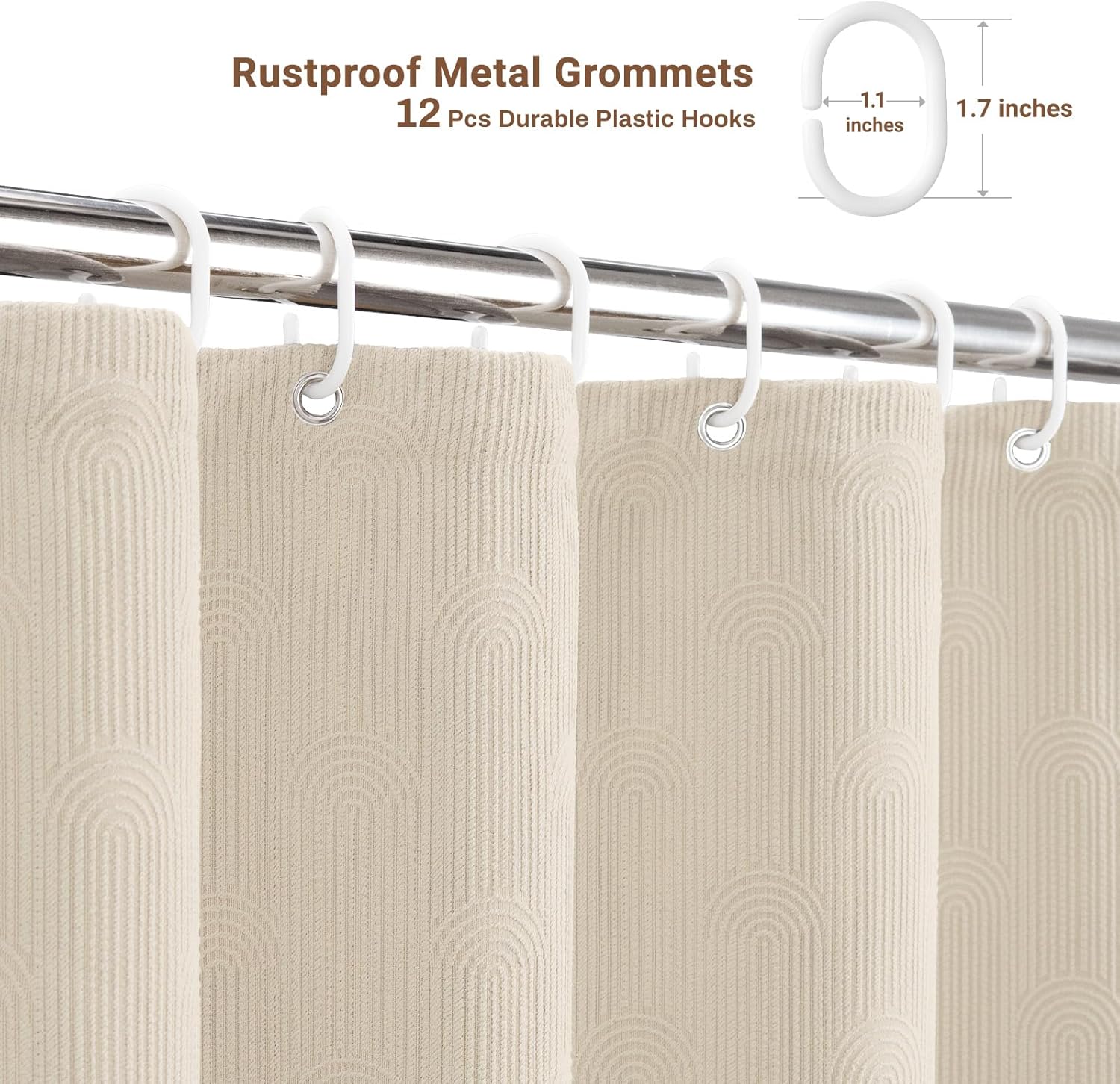 BTTN 78 Inch Shower Curtain, Long Modern Boho Arch Textured Waterproof Fabric Shower Curtain Set with 12 Hook, Mid Century Minimalist Luxury Cloth Shower Curtains for Bathroom, 72x78, Beige/Cream