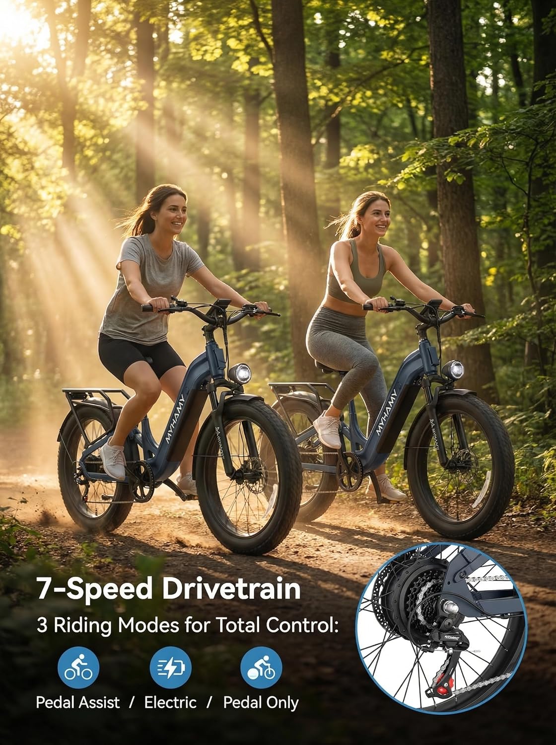2000W Peak Electric Dirt Bike for Adults, 28MPH High Speed Ebike, 48V 18Ah Removable Battery, 85 Miles Long Range, 24"x3.0" Fat Tire, Full Suspension Mountain E-Bike, 7-Speed, 11" Wide Seat