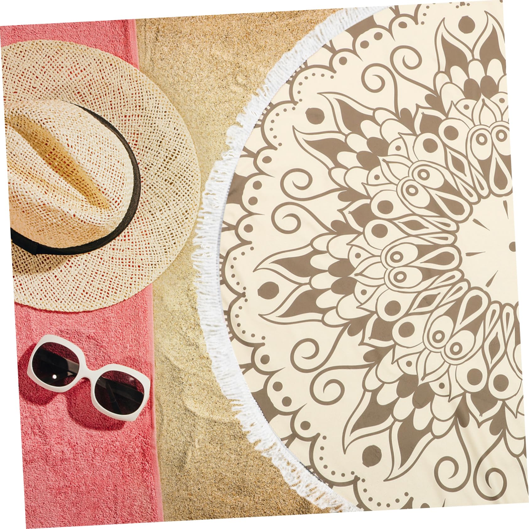 Serviette de Plage Ronde en Tissu Ultra Doux 150cm avec Imprimé Mandala et Franges, Séchage Rapide et Absorption d'eau pour Voyage International