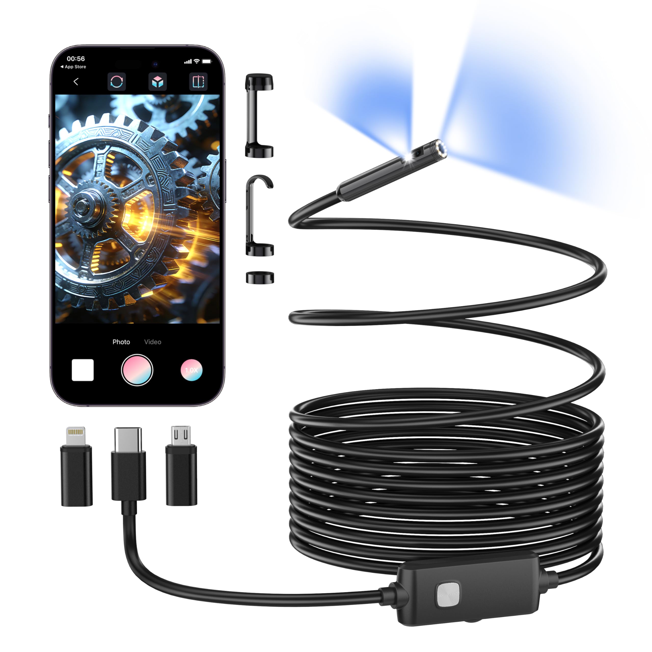 Dual-Lens Endoscope Camera with Light, 1920P HD Borescope Inspection Camera
