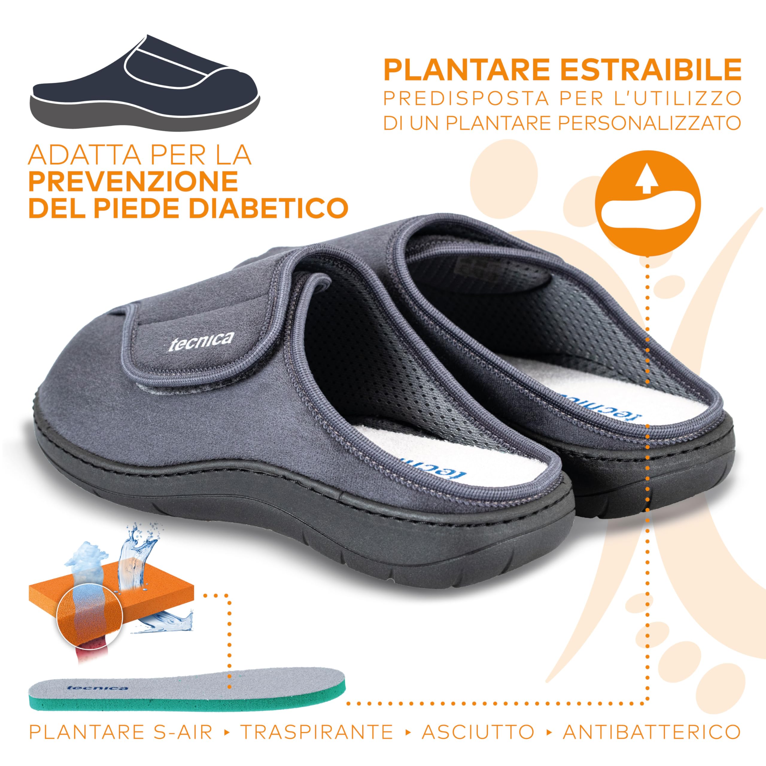 EXTRO STYLE – Pantofole Ortopediche Tecnica 6, per Piedi Gonfi e Bendati, Dolori al Tallone, Ciabatte Ortopediche Donna e Uomo con Suola Antiscivolo e Urto-assorbente, Microfibra, Grigio