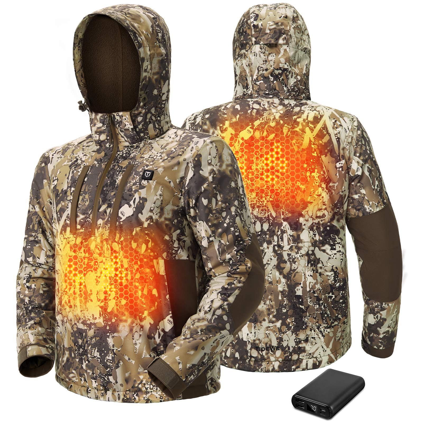 TIDEWEMen's Heated Jacket with Battery Pack, Coral-Fleece Lining, Waterproof 1/2 Zip Jacket for Hunting(Camo,S-XXXL)