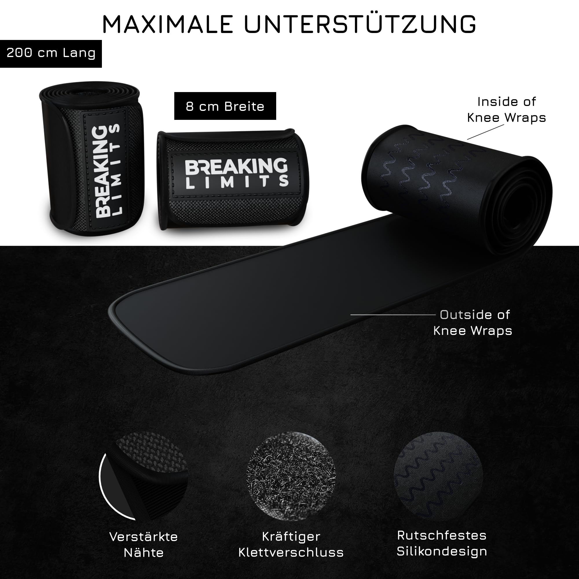 BREAKING LIMITS Kniebandage Kraftsport – Kniebandagen für Powerlifting, Gym, Krafttraining & Bodybuilding – Knee Sleeves Wraps 200CM (Paar)