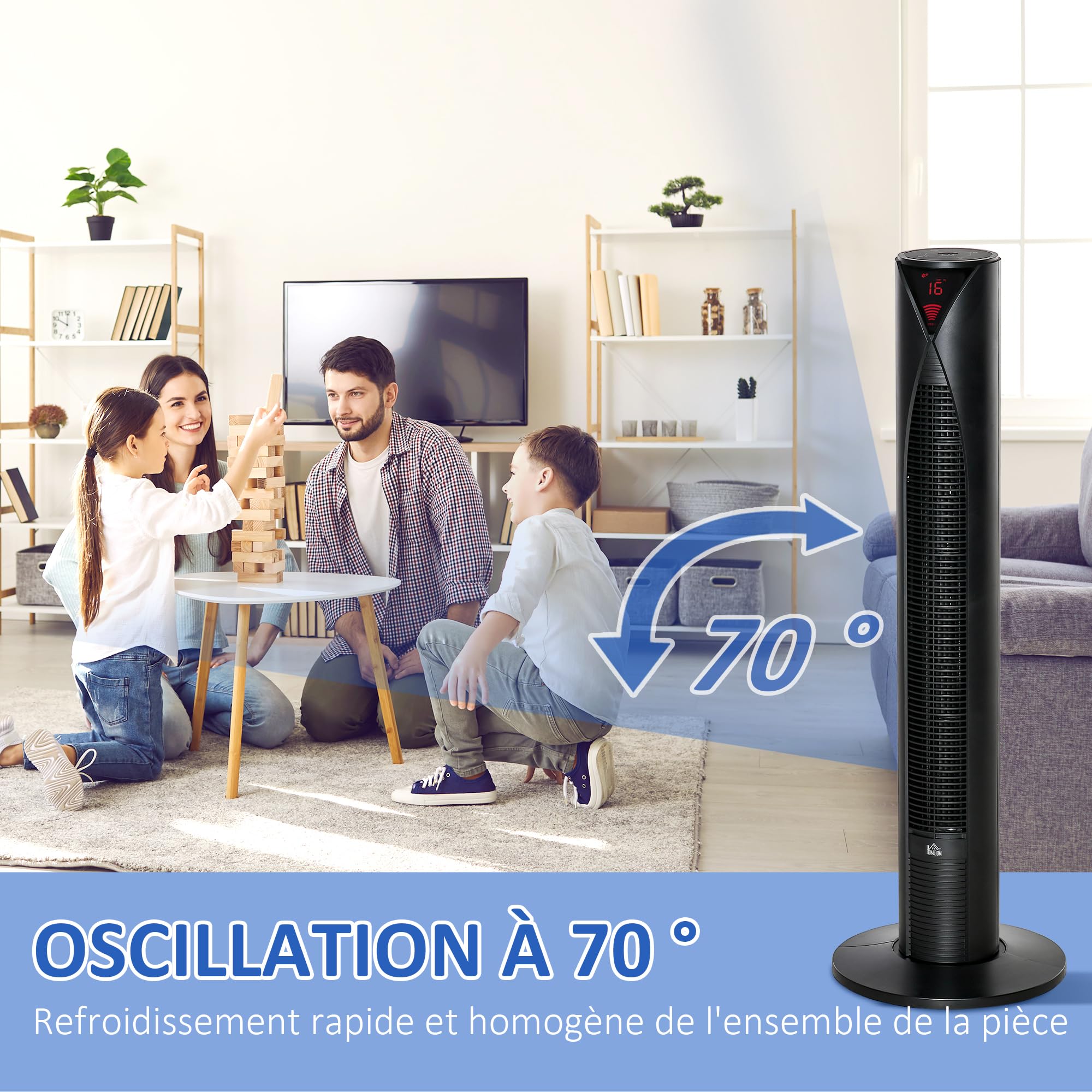HOMCOM Ventilateur colonne, avec télécommande, minuterie 12 heures, mode veille, 3 vitesses, ventilateur tour oscillant pour maison, chambre à coucher, bureau, noir