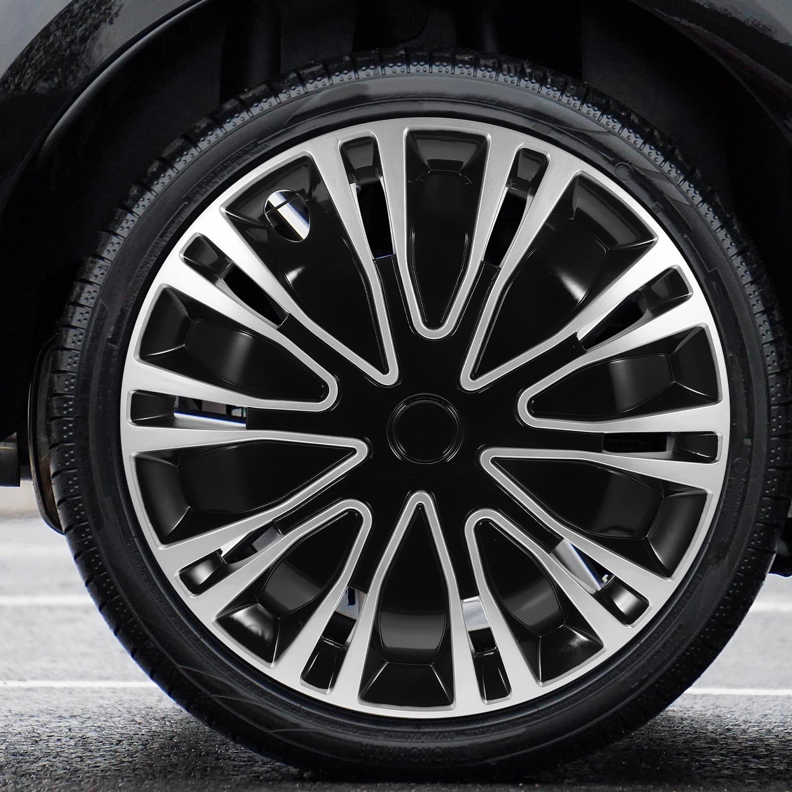Tapacubos para Coche de 15 Pulgadas, Cubierta Decorativa de Cubo de Rueda en Acero Resistente, Diseño Plateado y Negro, Accesorio para Llantas, Protección Antirrayaduras