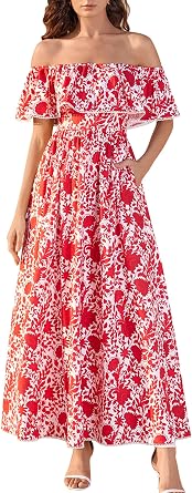 HTZMO Womens Off Shoulder Floral Summer Wedding Guest Maxi Dress Blue
