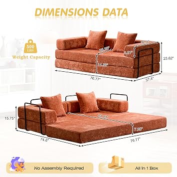 Convertible Folding Sleeper Sofa Bed, Boneless Couch with Fixed-Shape Frame, Compression Foam Sofa, Futon Foldable Mattress, Pull Out Couch Bed for Living Room Bedroom Lounge(Chenille, Orange)