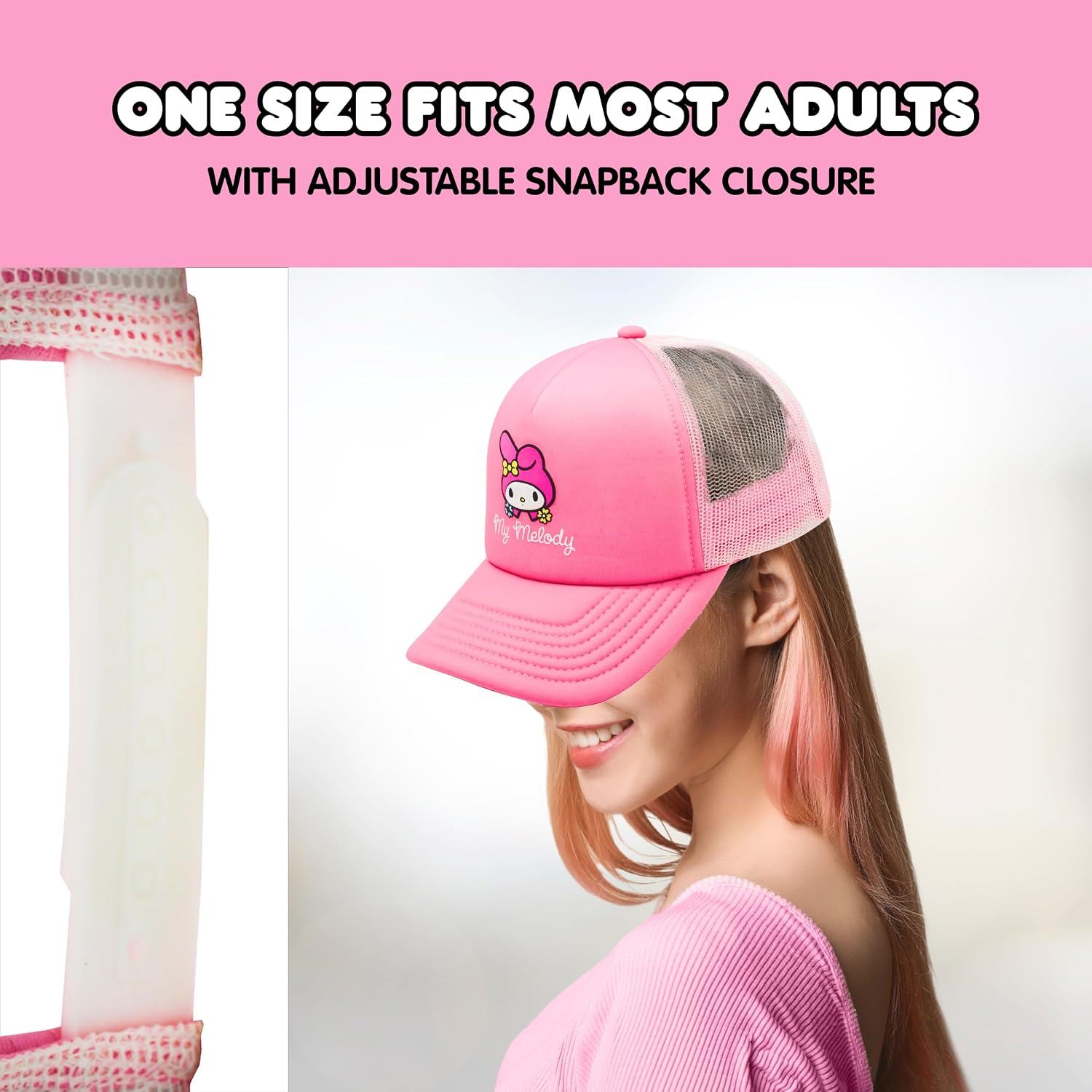 My Melody Trucker Hat, Adult Women's Baseball Cap with Curved Brim, Pink, One Size