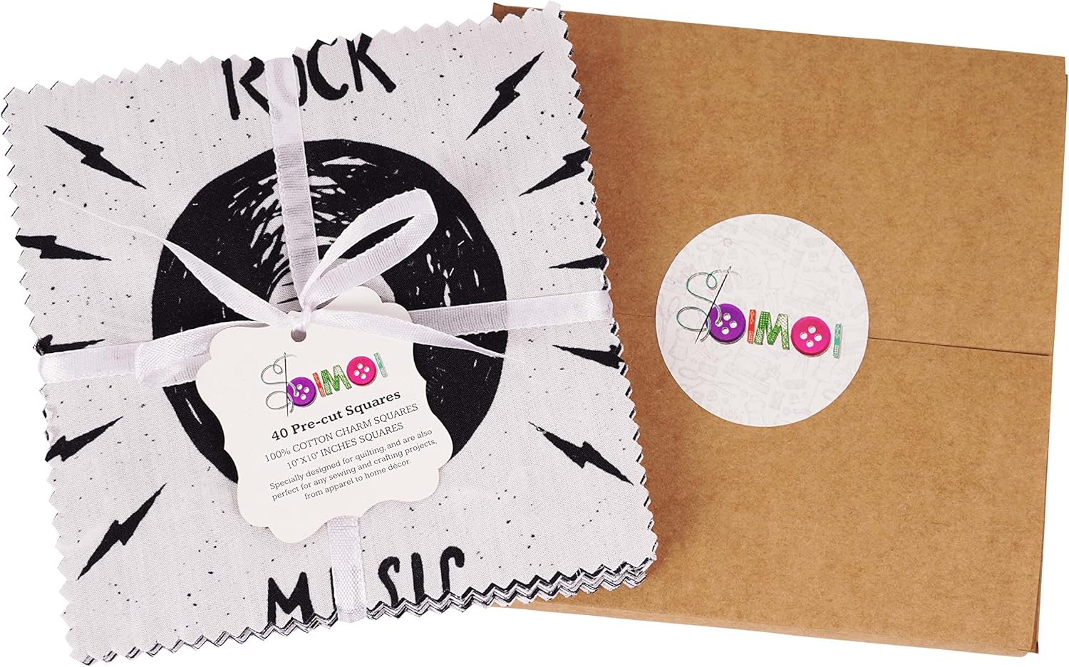 Soimoi Precut 10-inch Rock Music Prints Cotton Fabric Bundle Quilting Squares Charm Pack DIY Patchwork Sewing Craft- White & Black