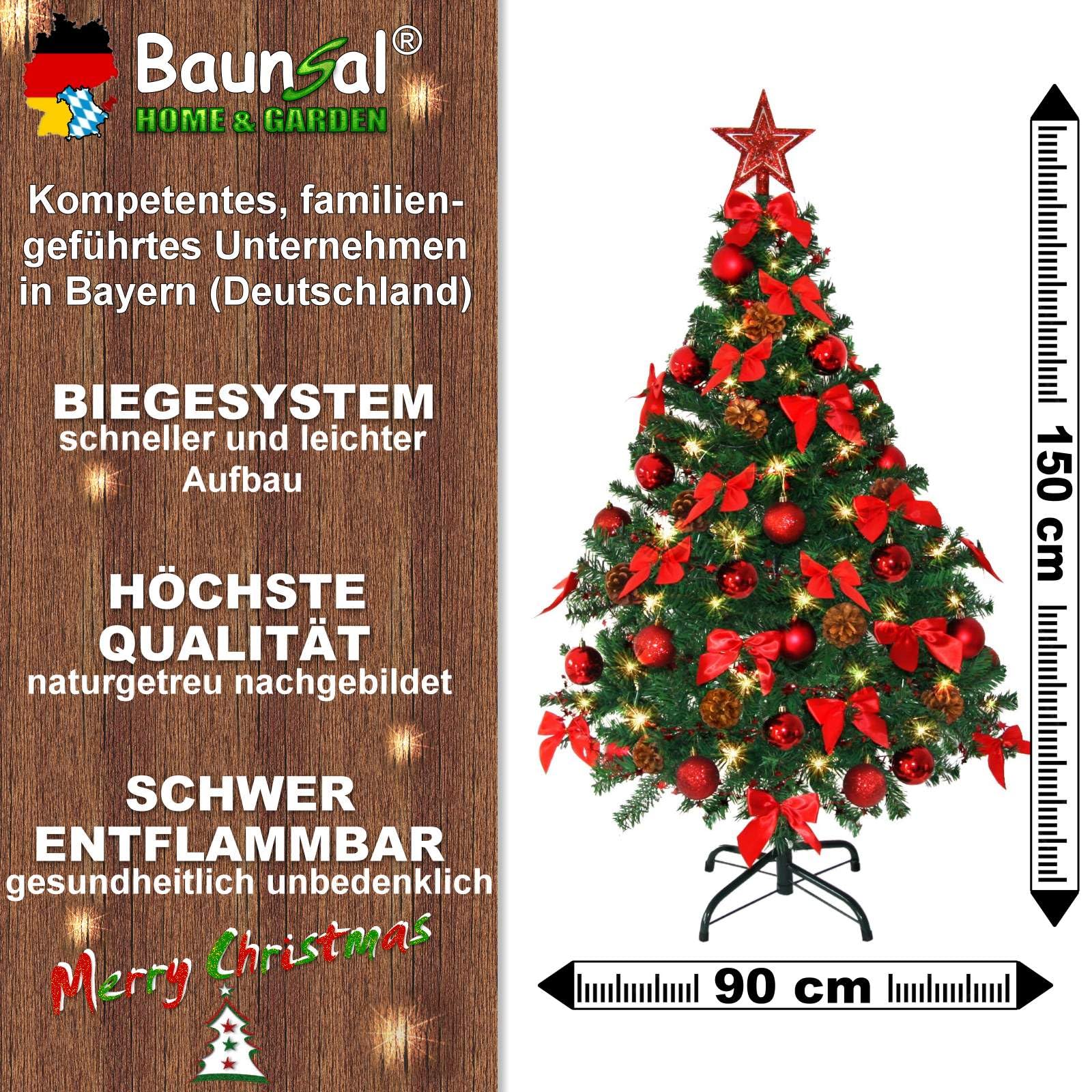Weihnachtsbaum künstlich (WBD) 150 cm grün mit Weihnachtsdeko rot und Led Lichterkette mit Batteriebox und Fernbedienung künstlicher Christbaum klein Tannenbaum