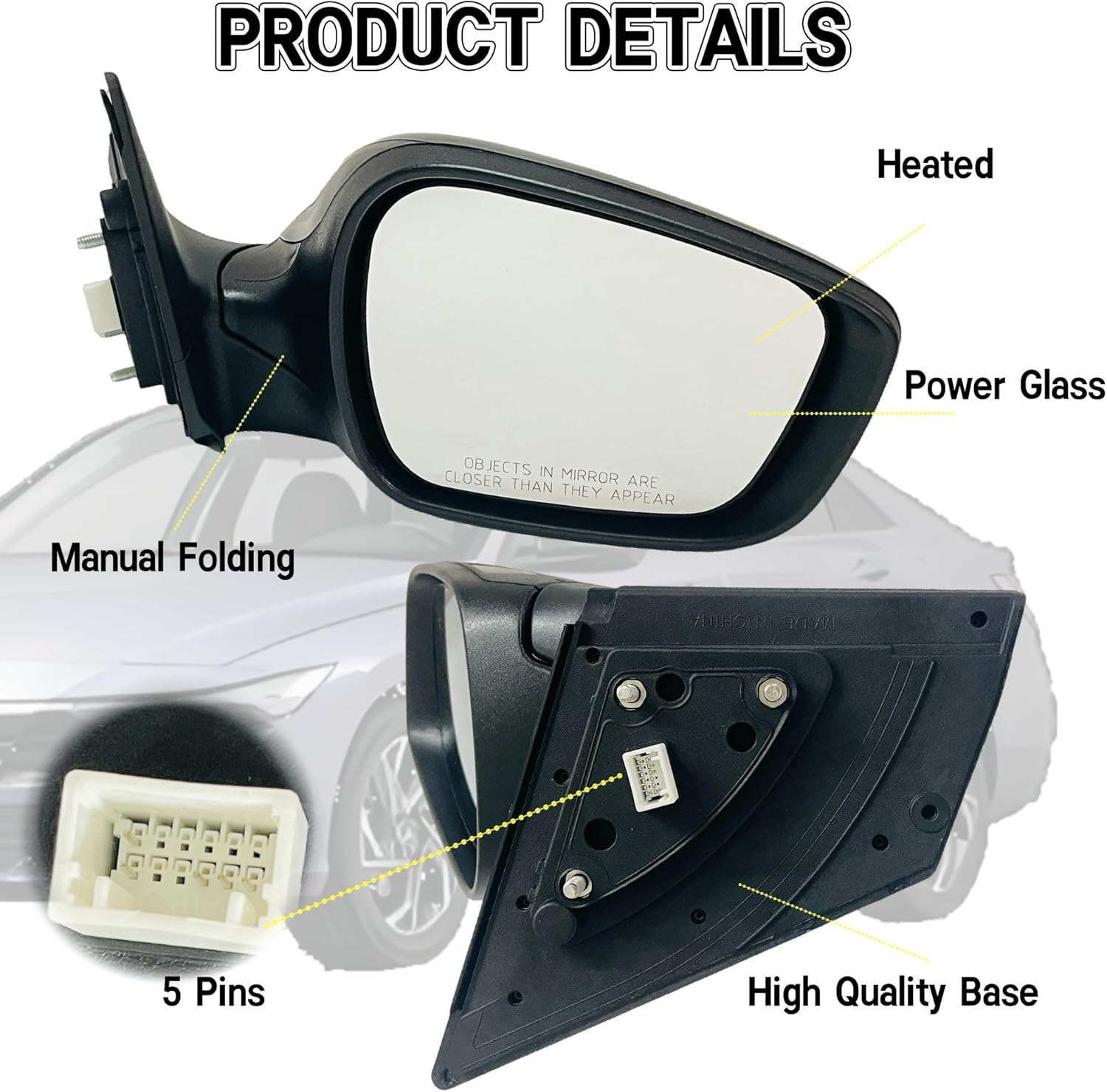 Passenger Side Mirror Compatible With 2011-2013 Hyundai Elantra With Power Glass,Heated,Manual Folding,Black,5-Pins/Non-Turn Signal