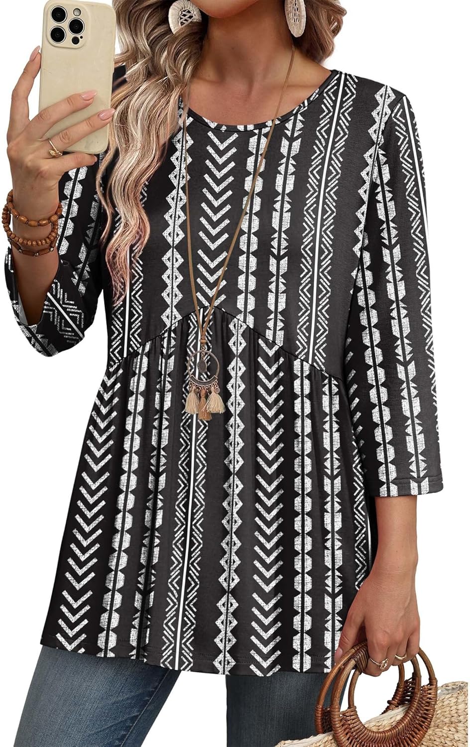 3/4 Length Sleeve Womens Tops Blouses for Women Dressy Casual Spring Fashion Clothing Crew Neck Babydoll Tops - Image 2