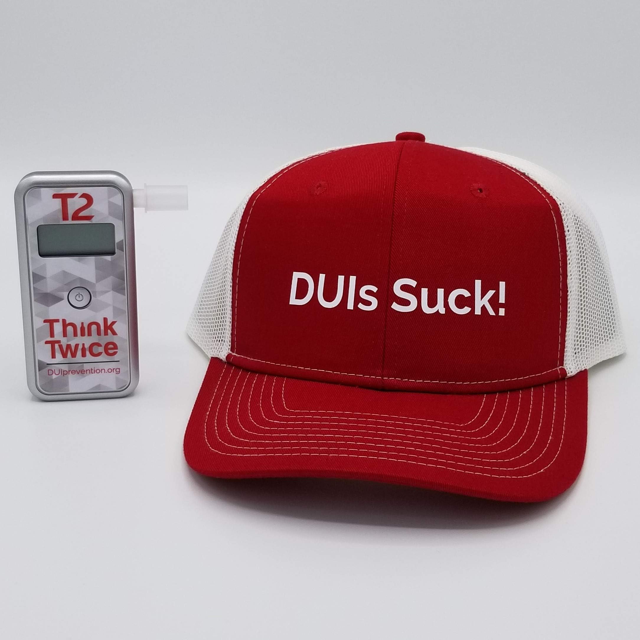 AlcoMate Premium AL7000 Professional Digital Breathalyzer - No Calibration Required - Bundle with Think Twice Trucker Cap - Red/White