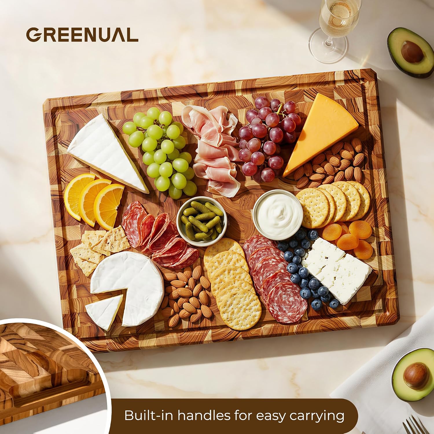 Teak Wood Cutting Boards for Kitchen,Extra Large Butcher Block End Grain Wooden Cutting Board with Juice Groove & Handle Heavy Duty Chopping Charcuterie Board Non Toxic Slip Serving Knife Friendly 20"