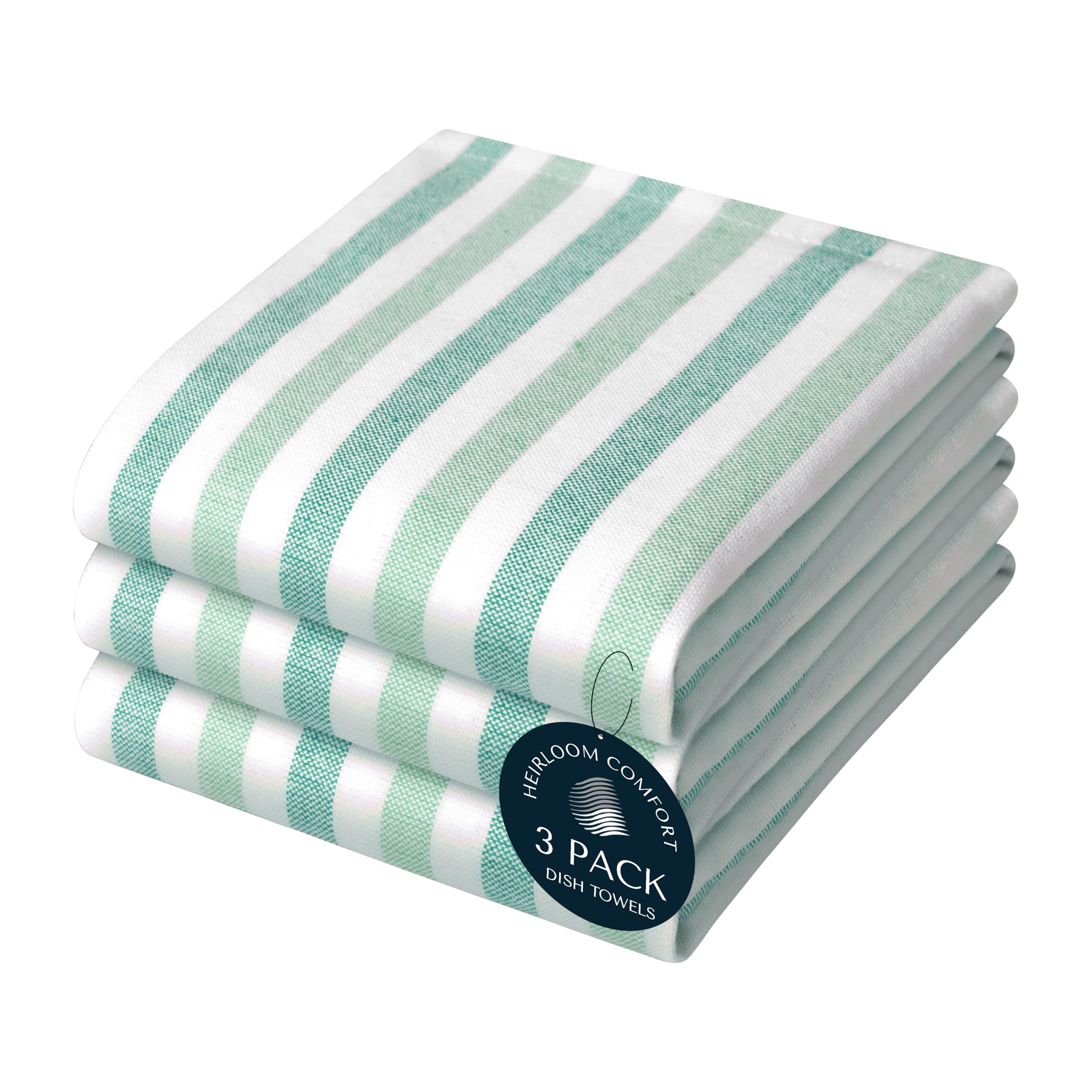 HEIRLOOM COMFORT Fiesta Stripe Dish Towels 3 Pack, 45x66 cm, 100% Cotton, Ultra Absorbent & Reusable, Quick Drying Kitchen Towels for Cleaning, Cooking, Drying, Easy care, Green Multicolor
