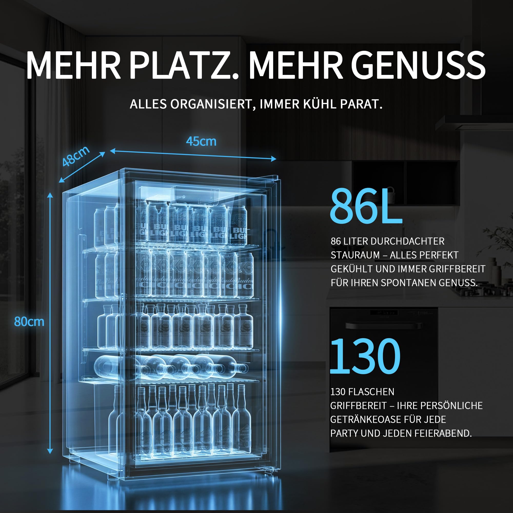 Airfish Getränkekühlschrank mit Glasfront 86L Mini-Kühlschrank verstellbare Regale Bier Wein Getränke