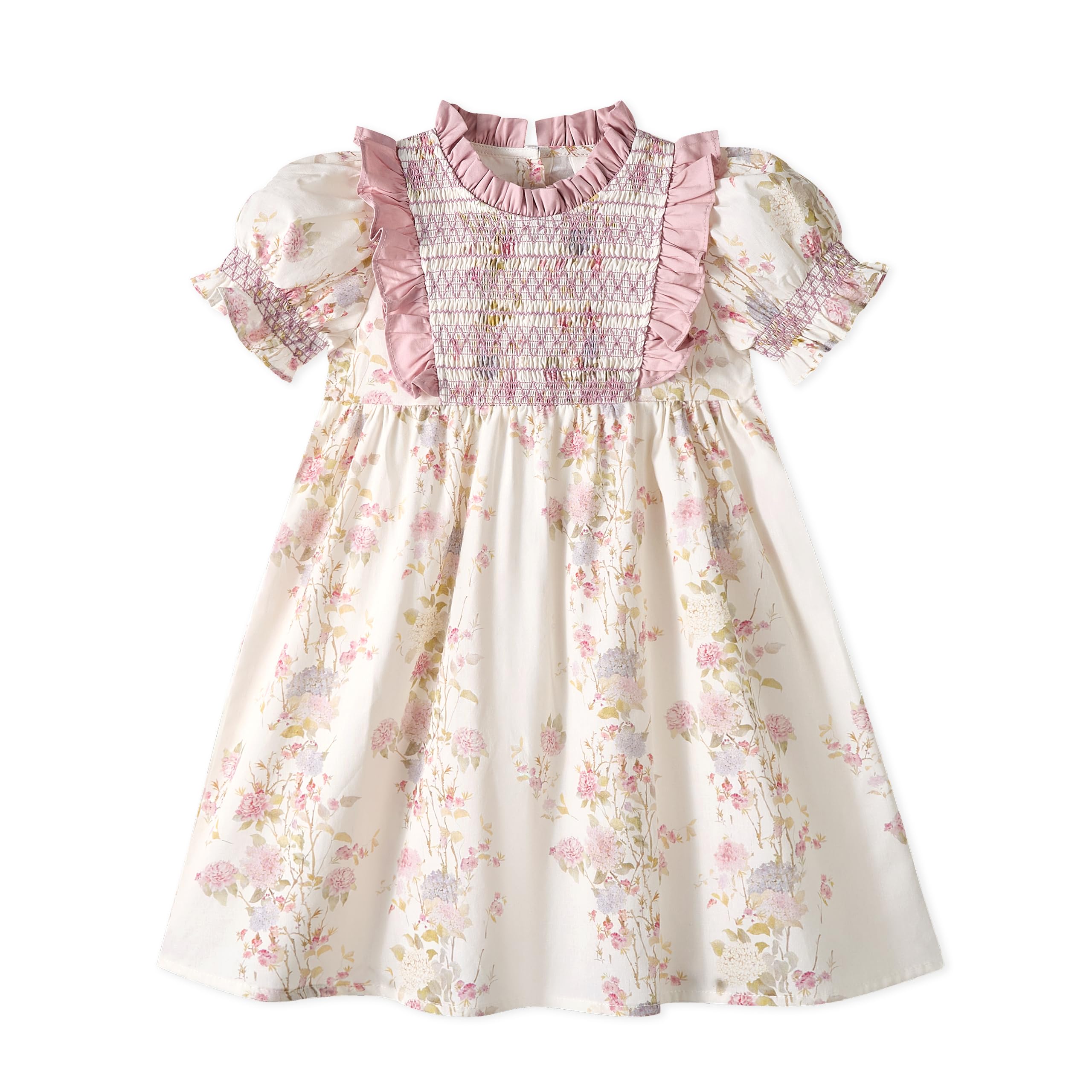 Miipat Vestidos de Algodón para Niñas, Vintage Vestidos Estampado Floral Fruncidos de Verano Mangas Abullonadas y Cuello Peter Pan Vestido Casuales para Niños