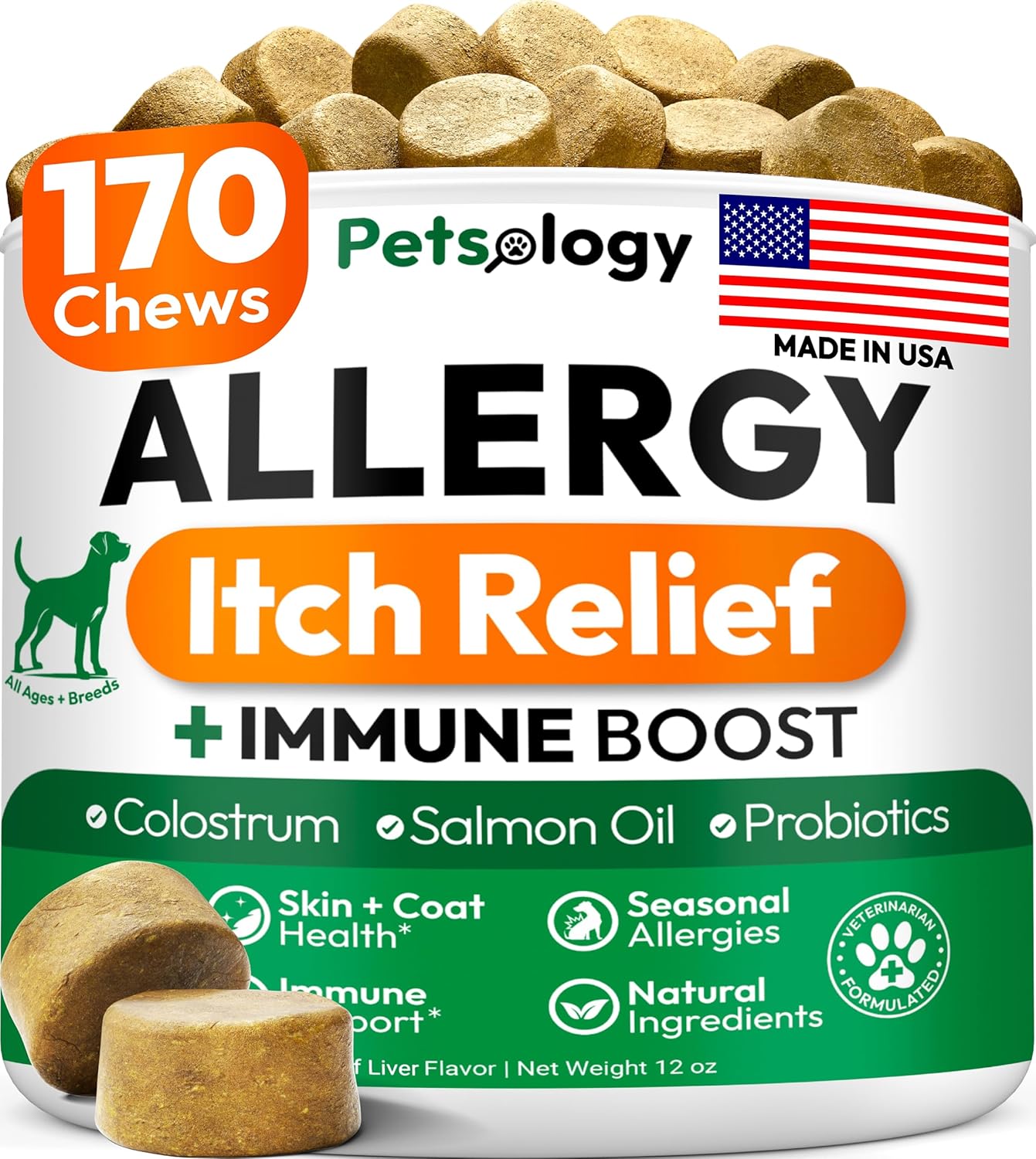 Dog Allergy Relief Chews – 170 Dog Allergy Chews – Itch Relief for Dogs – Omega 3 Fish Oil, Probiotics For Itchy Skin & Hot Spots Allergies, Paw Licking, Dry Skin & Coat Supplement – Beef Liver Flavor