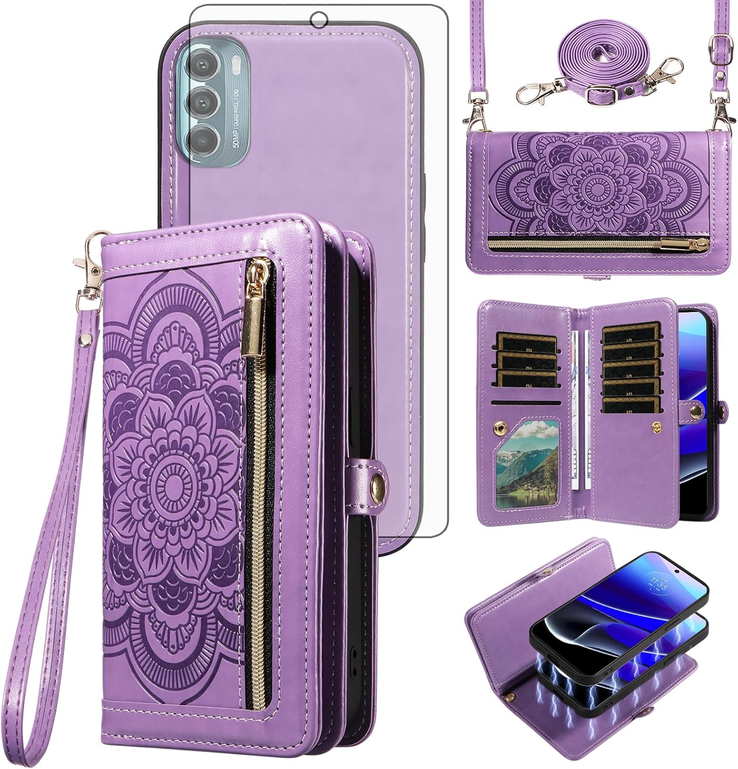 Asuwish Phone Case for Motorola Moto G Stylus 5G 2022 Zipper Wallet Magnetic Detachable Cell Cover with Tempered Glass Screen Protector Strap Flower Card Holder XT2215-1 XT2215-4 XT2215DL Women Purple