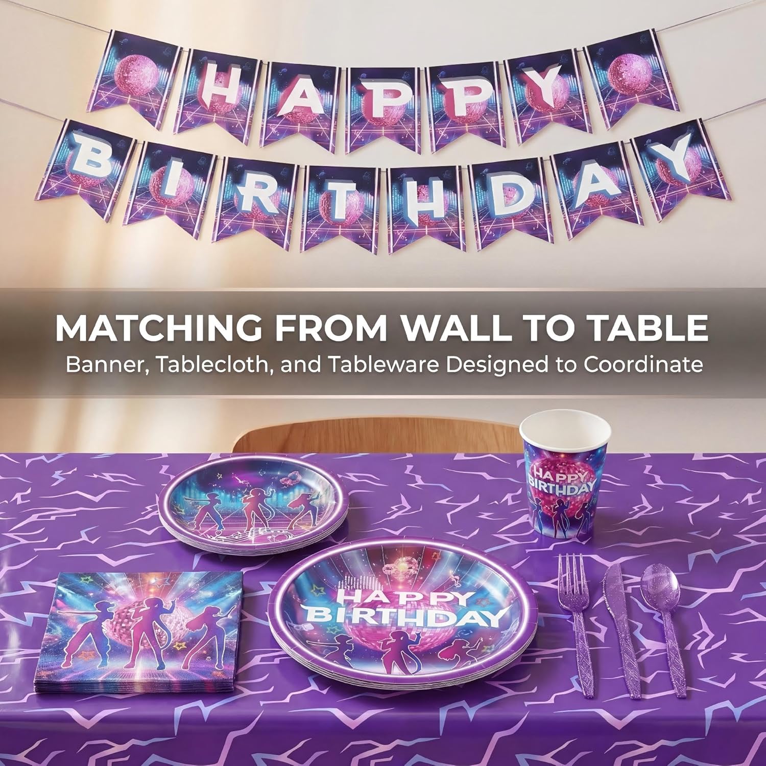 170 Pcs Demon Movie Hunters Birthday Party Supplies for 24 Guests, KPop Inspired Disco Dance Music Theme Party Decorations with Banner, Plates, Napkins, Cups, Tablecloth & Cutlery