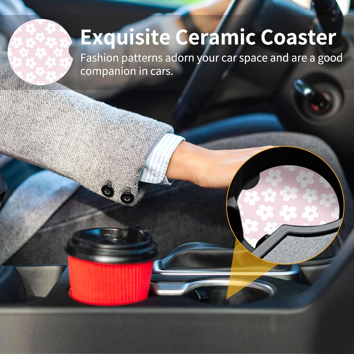2 Pack Cute Retro Car Cup Coasters, 2.56" Absorbent Ceramic Auto Cup Mats,Non Slip & Easy Clean，Light Pink Daisy Pa Car Accessories for Women Girls, Universal Fit for Cars Trucks SUVs image 5
