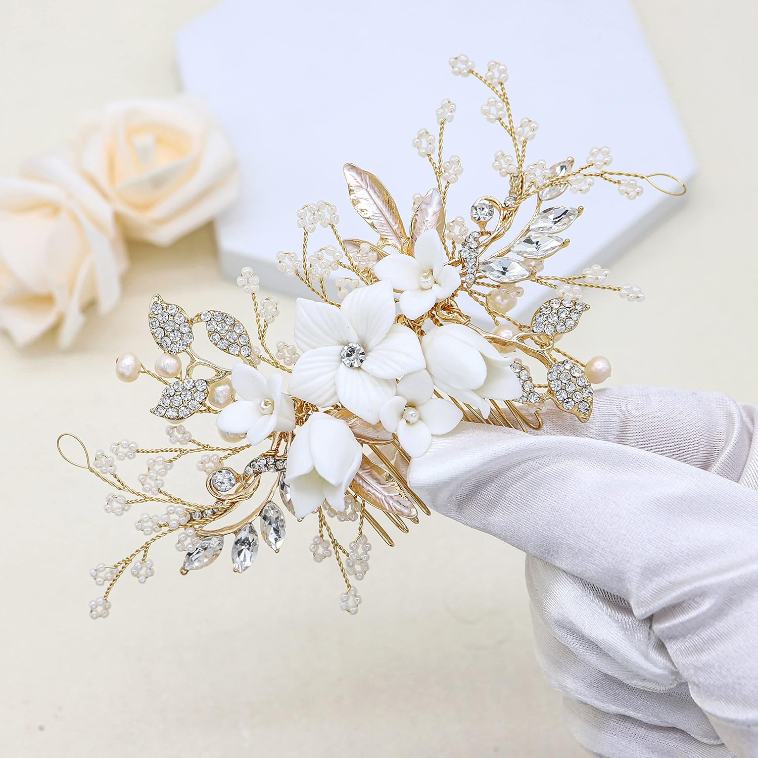 Oriamour Bridal Hair Comb For Brides Ceramic Flower Side Comb Hair Clip For Women Hair Accessories for Brides (Gold)