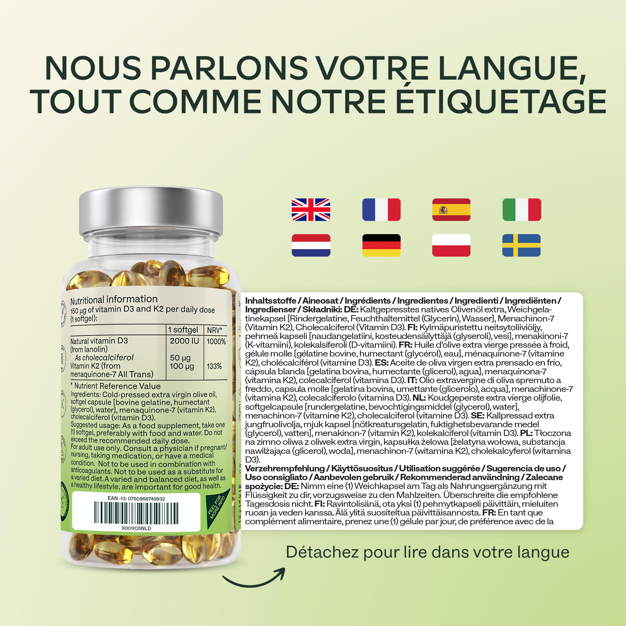 Vitamine D3 K2 avec de l'Huile d’Olive Vierge - Vitamine D3 2000 UI et Vitamine K2 MK7 100 μg pour Os, Muscles, Système Immunitaire - Vitamine D Vitamine K sans OGM, Gluten et Lactose - 180 Gélules